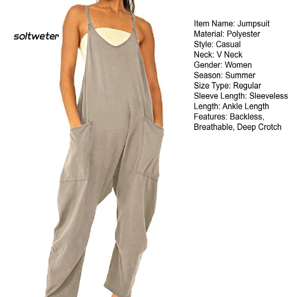 Áo Liền Quần Cổ Chữ V Dáng Rộng Hở Lưng Màu Trơn Thời Trang Mùa Hè Cho Nữ