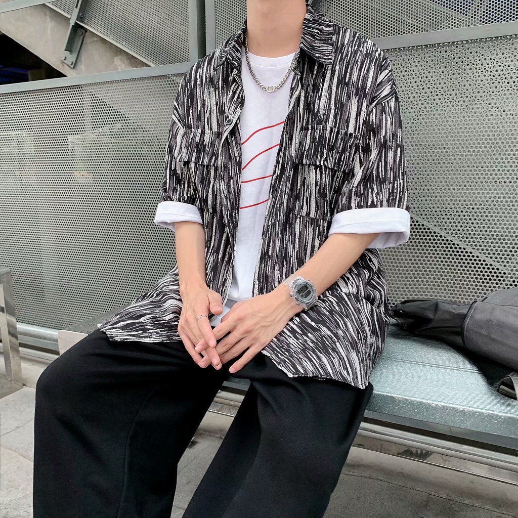 Áo Sơ Mi Kẻ Sọc Nhiều Túi Ngắn Tay Dáng Rộng Thời Trang Hàn Quốc Dành Cho Nam