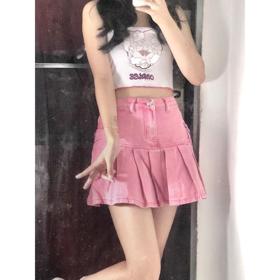 Y2k Chân Váy Jean Denim Xếp Ly Lưng Cao Dáng Chữ a Thời Trang Mùa Hè Cho Nữ