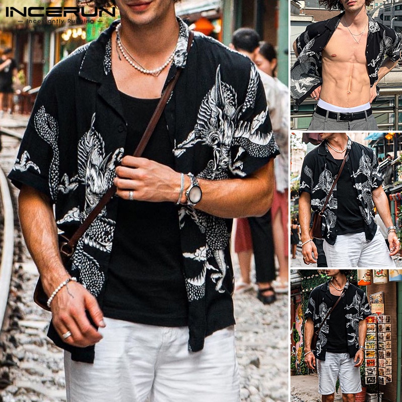 INCERUN Áo Sơ Mi Tay Ngắn In Họa Tiết Rồng Phong Cách Vintage Thời Trang Cho Nam