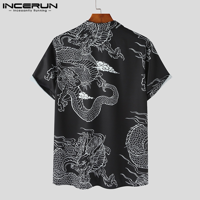 INCERUN Áo Sơ Mi Tay Ngắn In Họa Tiết Rồng Phong Cách Vintage Thời Trang Cho Nam