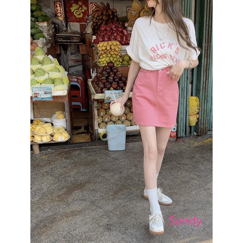 Chân Váy Jean Chữ A Lưng Cao Màu Kẹo Ngọt Phong Cách Dopamine Cổ Điển Thời Trang Mùa Hè Cho Nữ