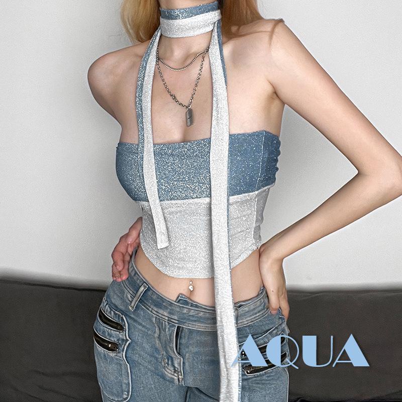 Bộ Trang Phục 2 Mảnh Gồm Áo Croptop Màu Sắc Tương Phản Hở Lưng + Khăn Choàng Cổ Thời Trang Mùa Hè Cho Nữ