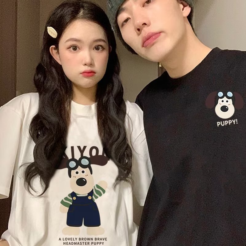 Áo Thun cotton Tay Ngắn Cổ Tròn In Hình Cún Con Phong Cách Hàn Quốc Dành Cho Nam Nữ