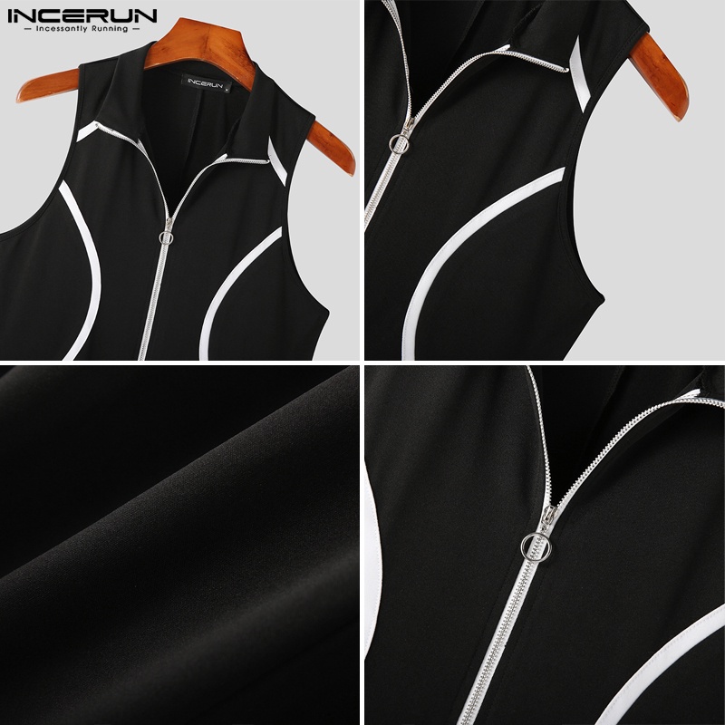 INCERUN Bộ Áo Liền Quần Sát Nách Phối Màu Tương Phản Cá Tính Cho Nam