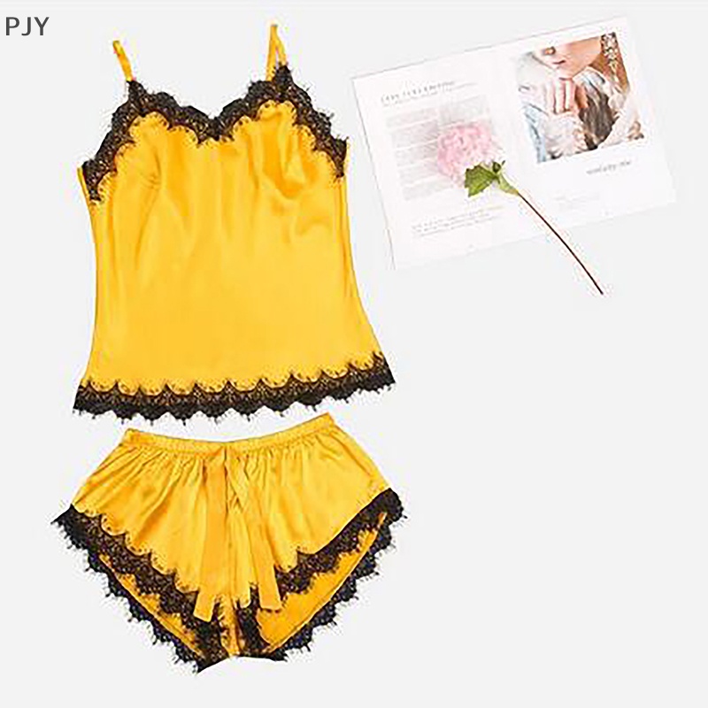 Bộ Đồ Ngủ 2 Món Bằng Lụa Sa Tanh Không Tay Phối Ren Gợi Cảm Plus Size Cho Nữ PJ