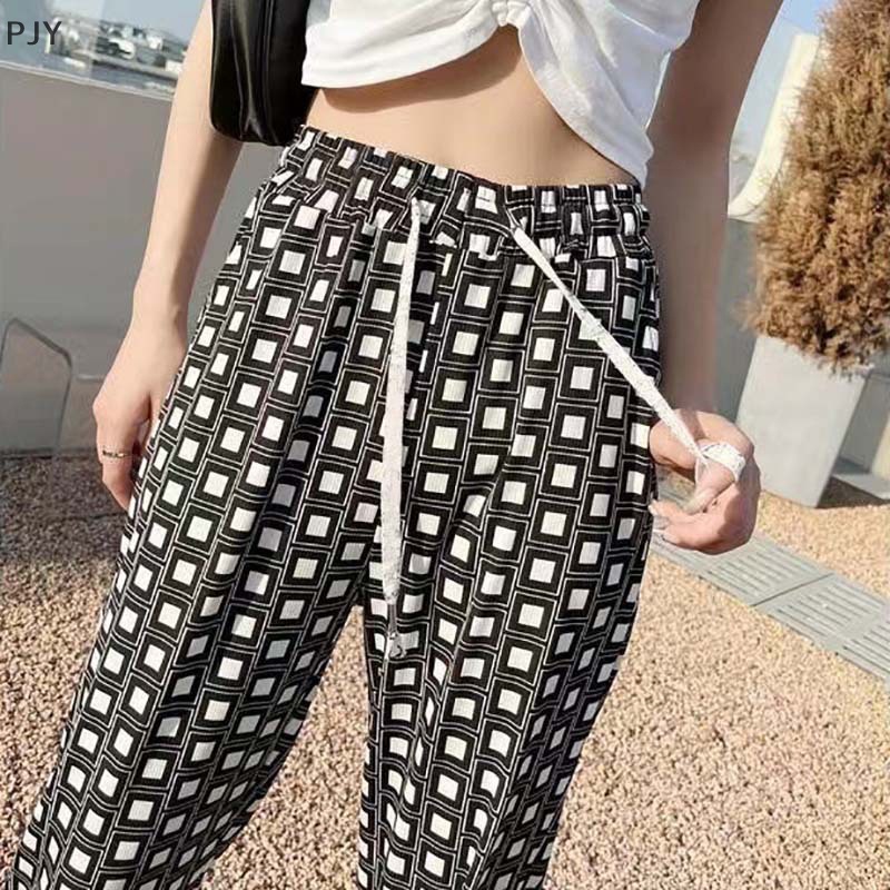 Quần Dài Lưng Cao Ống Rộng Họa Tiết Sọc Caro Phong Cách Vintage Thời Trang Mùa Hè Cho Nữ PJ