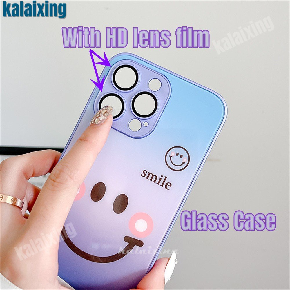 Ốp Điện Thoại Kính Cường Lực Cứng Hình Mặt Cười Màu Gradient Cho iPhone 14 Pro Max 13 12 Pro Max 11 Pro Max