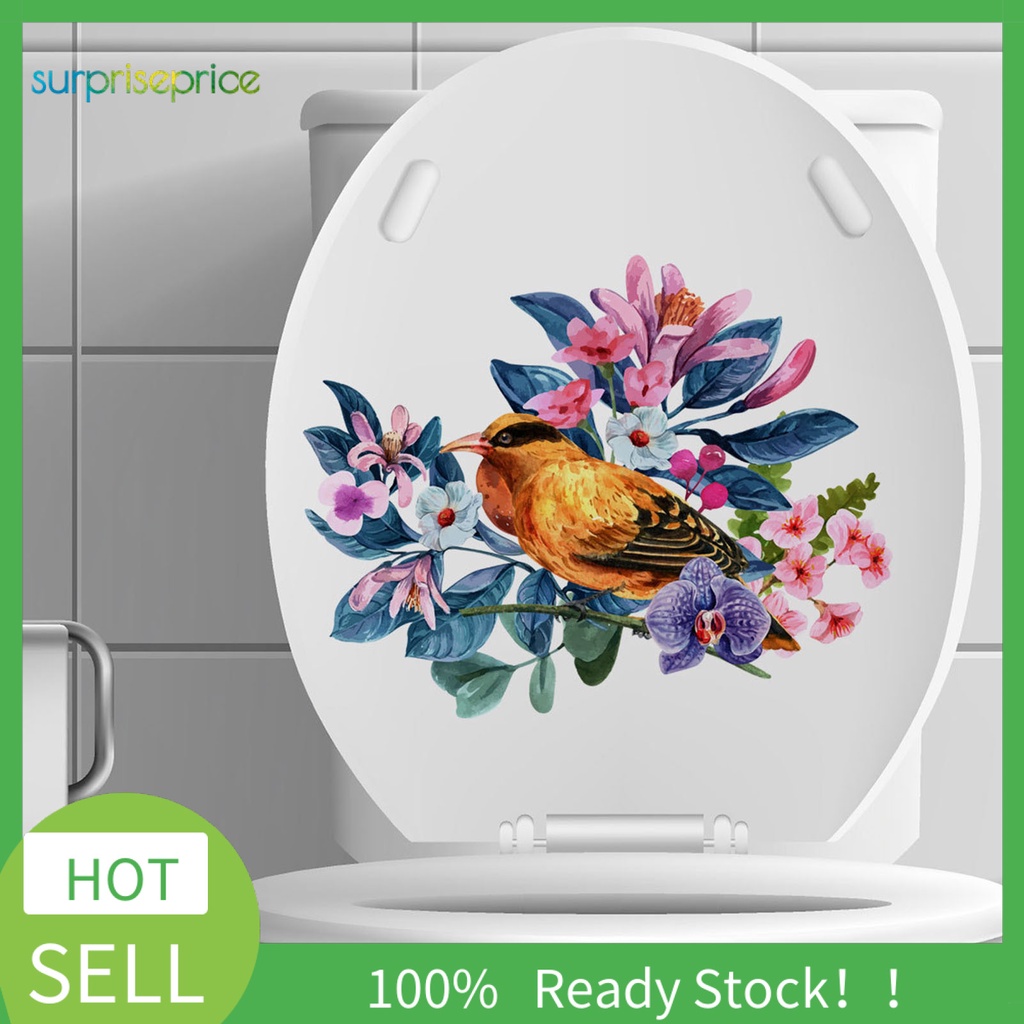 Miếng Dán Nắp Bồn Cầu Tự Dính Bằng PVC Chống Nước Hình Chim Và Hoa