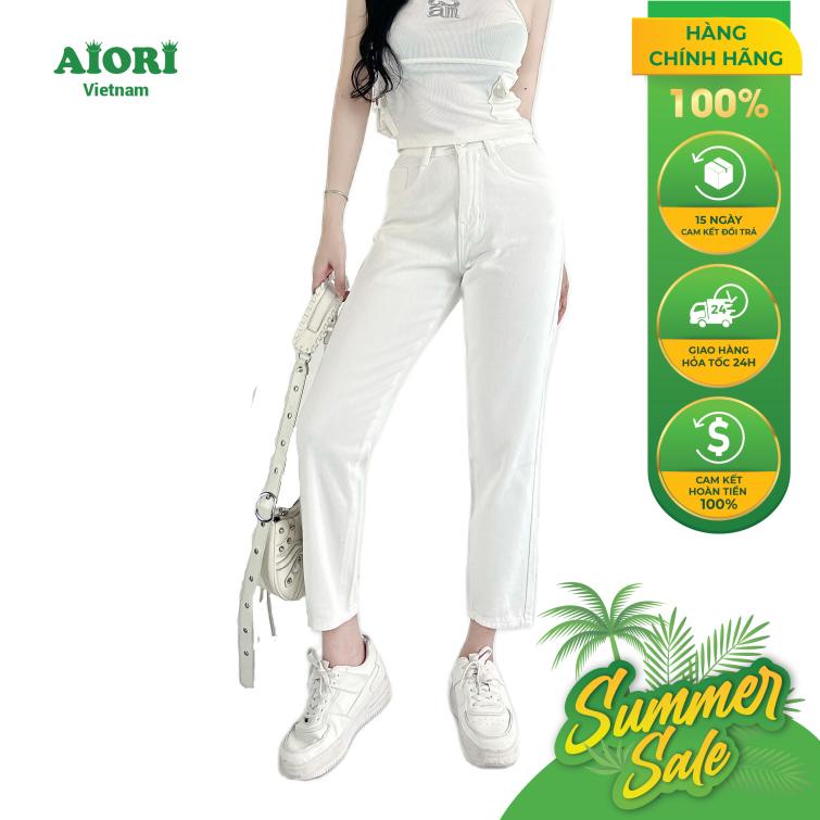 Quần Jeans Nữ AIORI Quần Baggy Trơn Jeans Màu Trắng, Vải Jeans Cotton Thoáng Mát, Mềm Mịn_Mã B013