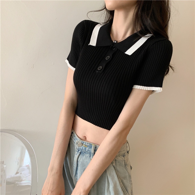 Áo Croptop Dệt Kim Tay Ngắn Phong Cách Hàn Quốc Thời Trang Cho Nữ