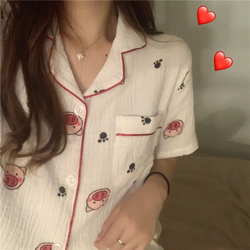 Bộ Đồ Ngủ Hai Mảnh Áo Cotton Mỏng Dáng Rộng In Hình Heo Phong Cách Hàn Quốc Thời Trang Mùa Hè Mới Dành Cho Bạn Nữ