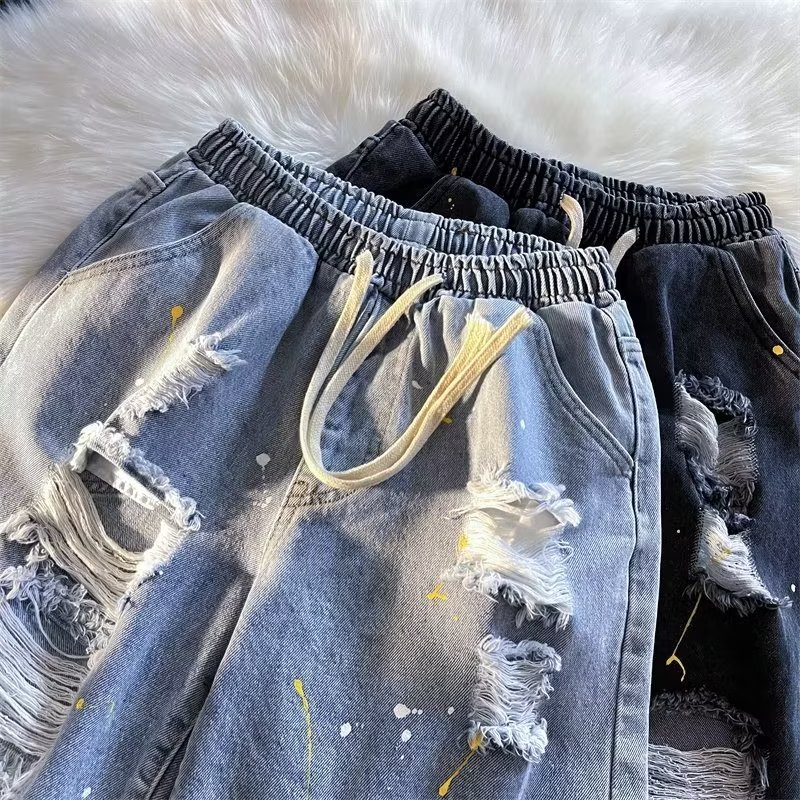 Quần Short Denim Ống Rộng Phong Cách Hip Hop Đường Phố Mỹ Cá Tính Cho Nam