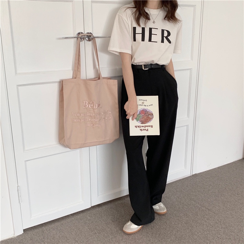 Túi Xách canvas Thêu Chữ Màu Sắc macaron Phong Cách Hàn Quốc