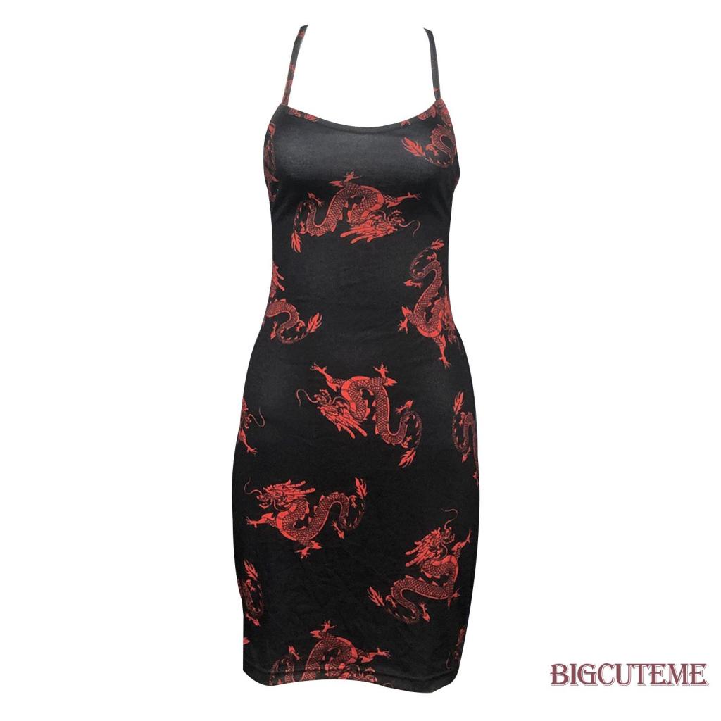 Đầm Ôm Hai Dây Hở Lưng In Hình Rồng Thời Trang Quyến Rũ Dành Cho Nữ