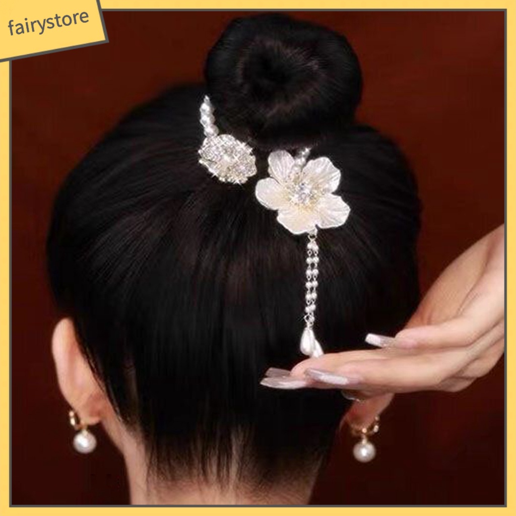 Kẹp Tóc Hoa Trà Đính Đá Ngọc Trai Giả Chống Trượt &amp; Răng