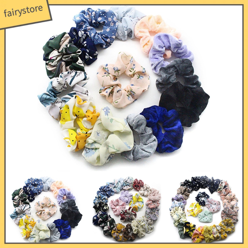Set 14 / 25 / 36 Dây Cột Tóc Chiffon Co Giãn In Họa Tiết Hoa Ngọt Ngào Chống Mài Mòn