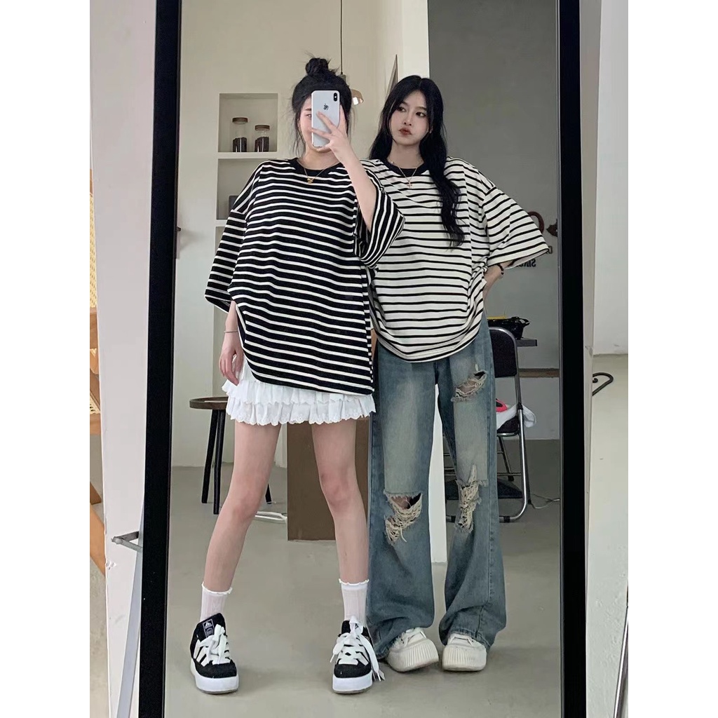 Quần Jean Nữ Lưng Cao Ống Rộng Rách Gối Thời Trang