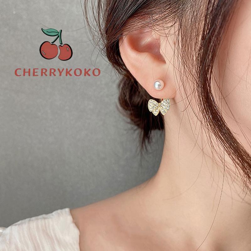 🍒🍒CHERRYKOKO Khuyên tai mạ bạc 925 hình nơ phối ngọc trai nhân tạo đơn giản phong cách Hàn Quốc bông tai nữ