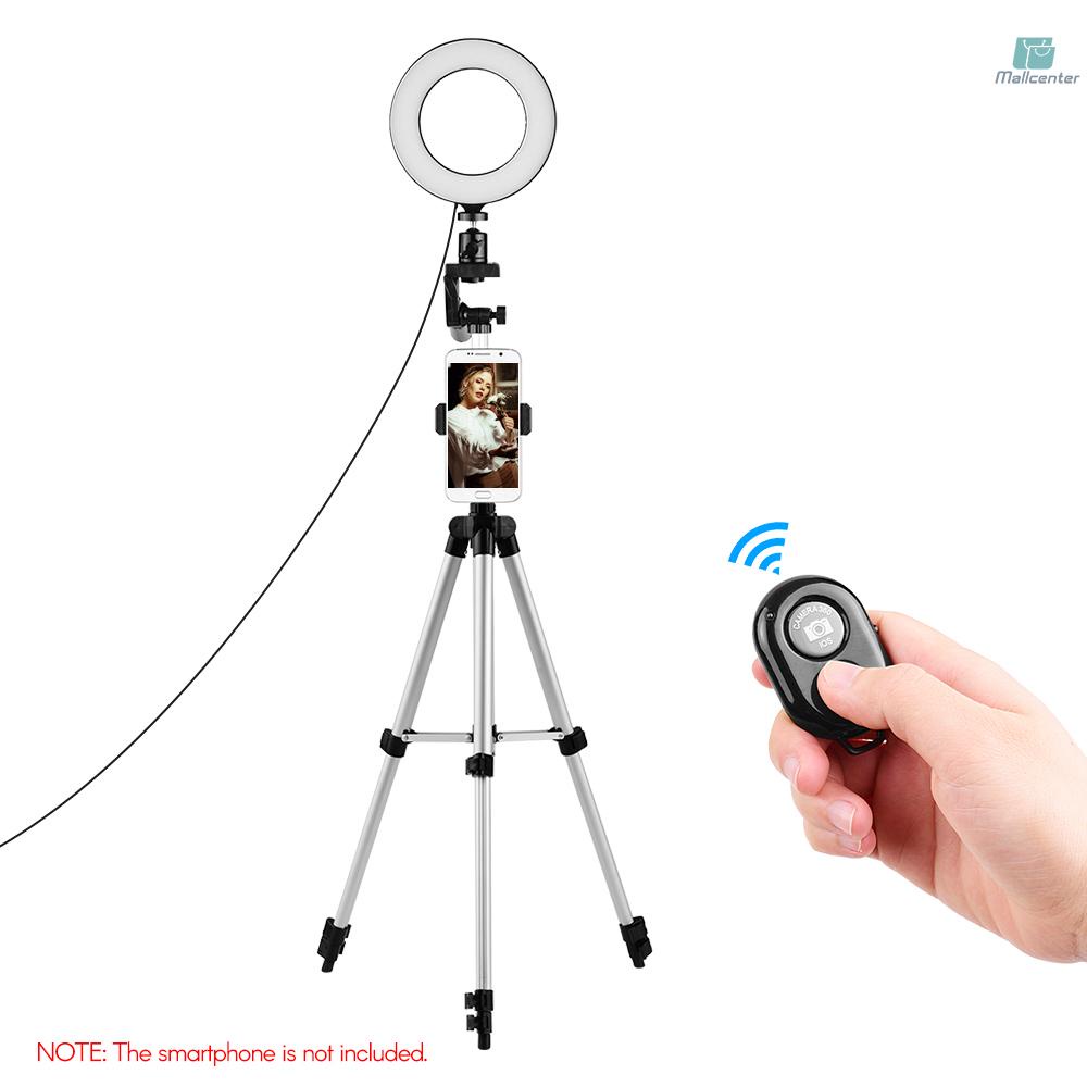 Phone Live Streaming Lighting Kit 6.3inch/16cm 2700K~6500K Bi-color Dimmable USB Ring Video Light + Max. Height 110cm Portable Tabletop Tripod + Single-Phone Holder + BT Remote Control for Video Shoot