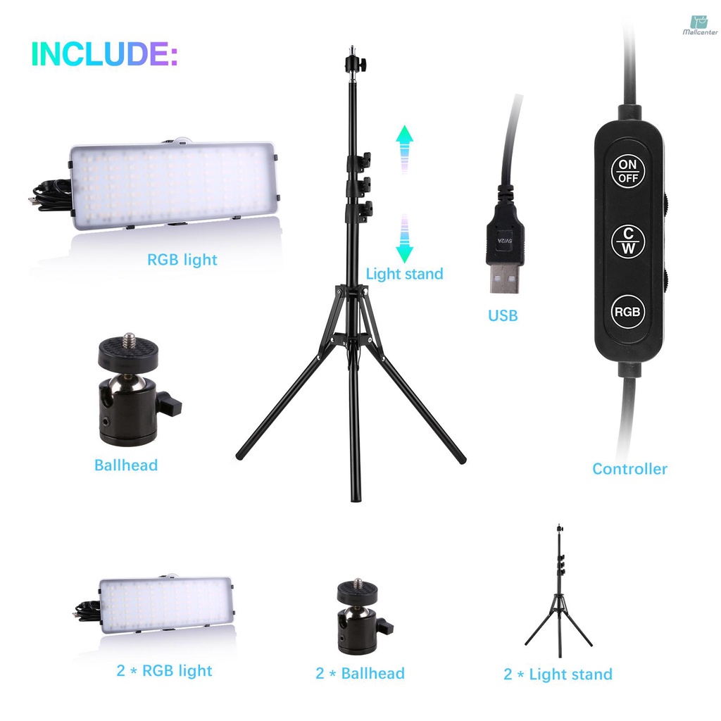 Andoer RGB LED Video Light Kit Including 2 * RGB Lights + 2 * 160cm Light Stands + 2 * Flexible Ballheads for Vlog Live Streaming Filming Portrait Product Photography 2600K-6000K Dimmable USB Powered