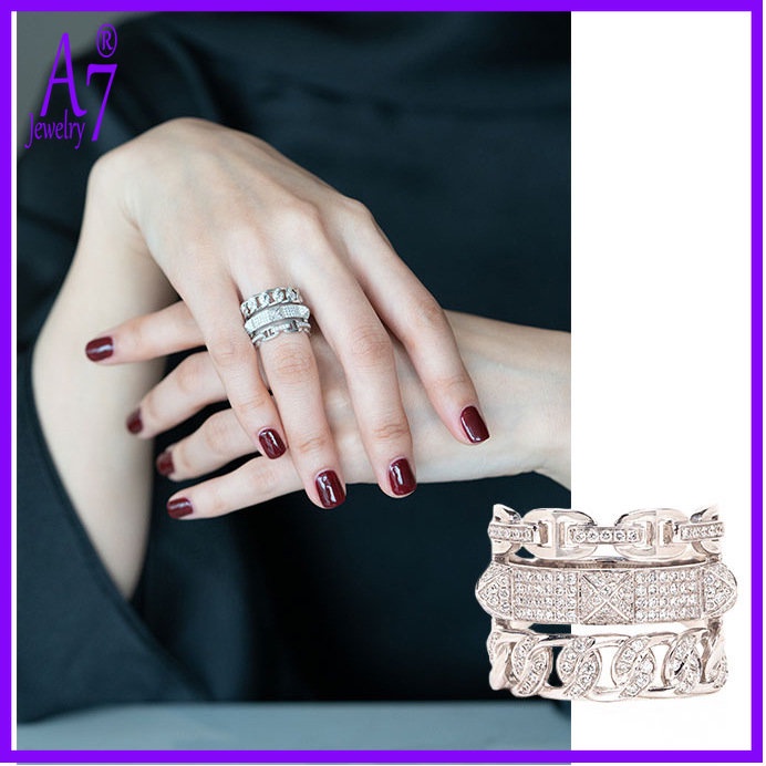 A7| Nhẫn Kim Cương Trắng Ba Lớp Sang Trọng M3423