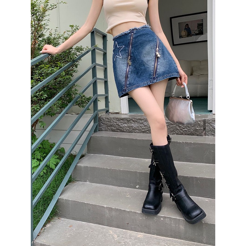 Y2k Chân Váy Jean Denim Chữ a Họa Tiết Ngôi Sao Phong Cách Mỹ Thời Trang Mùa Hè Mới Cho Nữ