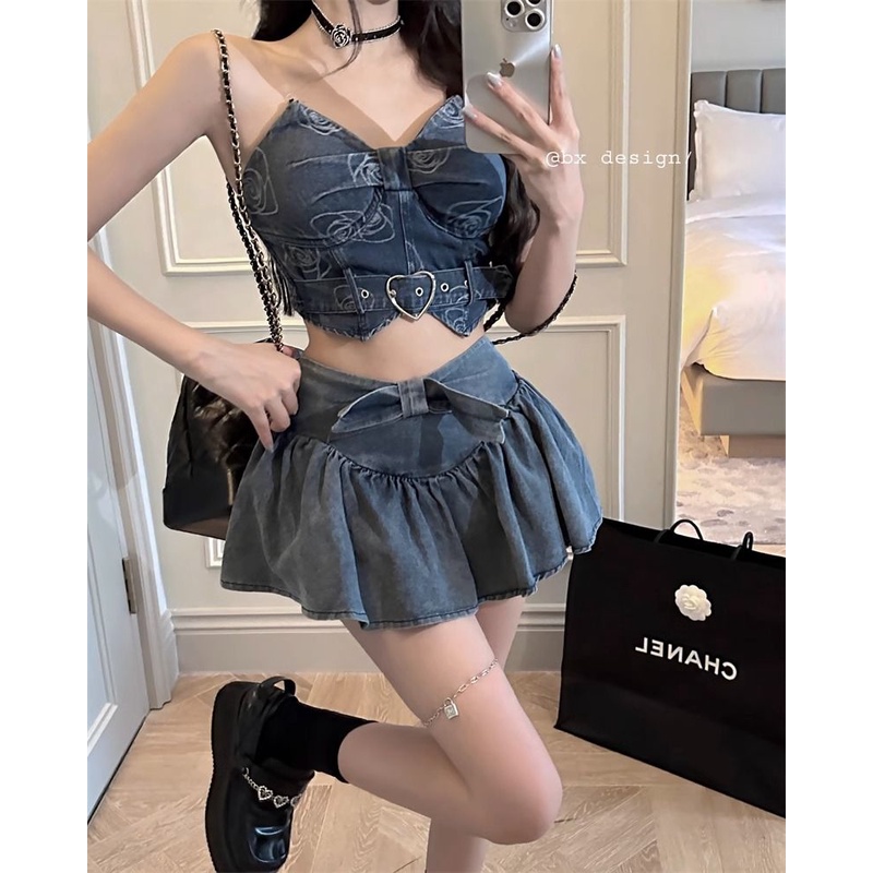 Y2k Chân Váy Jean Denim Đính Nơ Phong Cách Retro Mùa Hè Cho Nữ