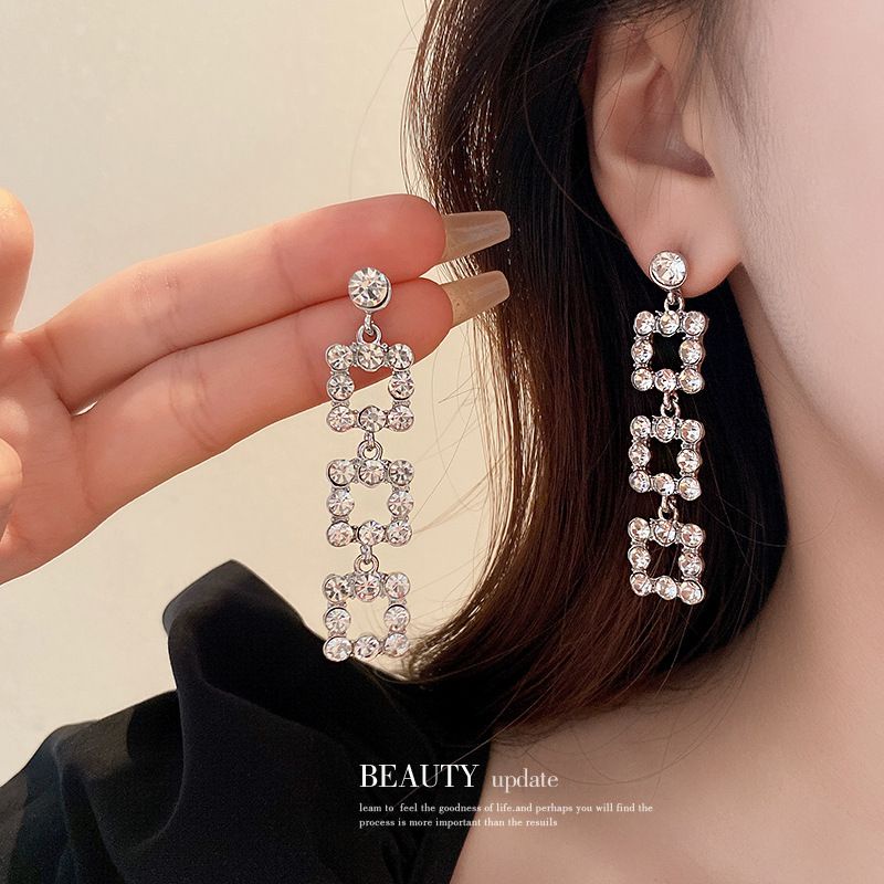 Bộ Dây Chuyền + Bông Tai Mặt Vuông Đính Kim Cương Cao Cấp Phong Cách Âu Mỹ Thời Trang