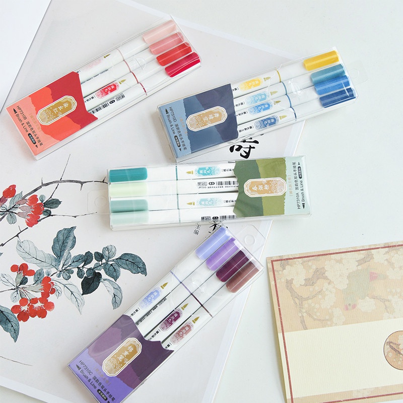 Set 4 Bút Lông Hai Đầu Kèm Cọ Viết Thư Pháp Màu Sắc Retro | Monkey House
