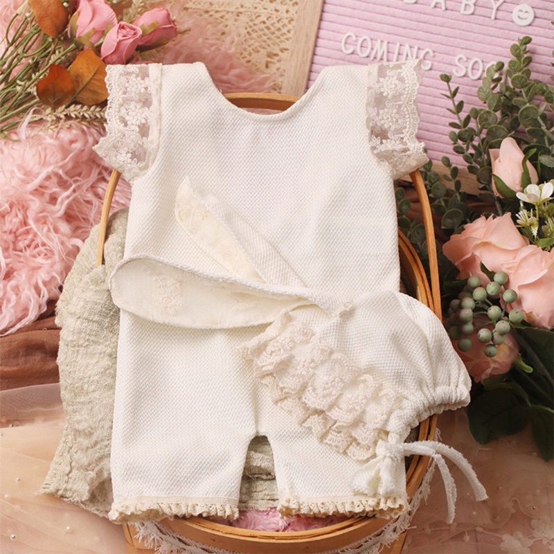 Bộ Áo Liền Quần Công Chúa Phối Ren + Mũ Tắm / Chụp Ảnh Cho Bé Sơ Sinh