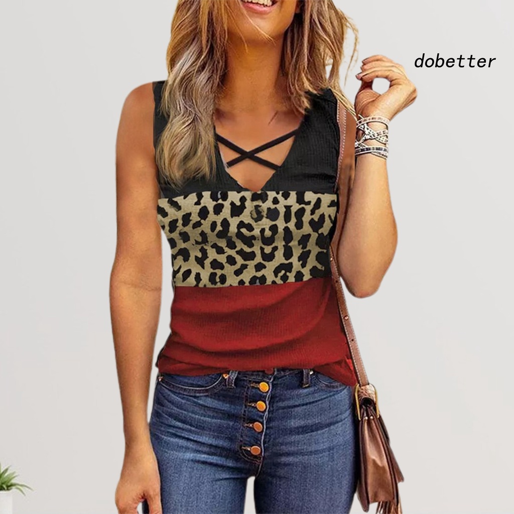 Áo Thun Sát Nách Cổ Chữ V Dây Chéo Ôm Dáng Thoáng Khí In Họa Tiết Da Báo Thời Trang Đường Phố