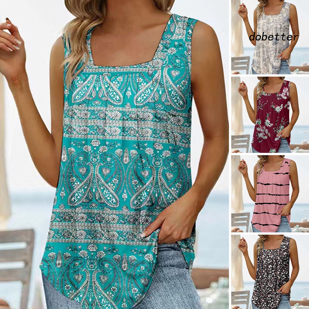 Áo Thun T-shirt Không Tay Cổ Vuông In Hình Hoa Cổ Điển Dành Cho Nữ Mặc Hàng Ngày