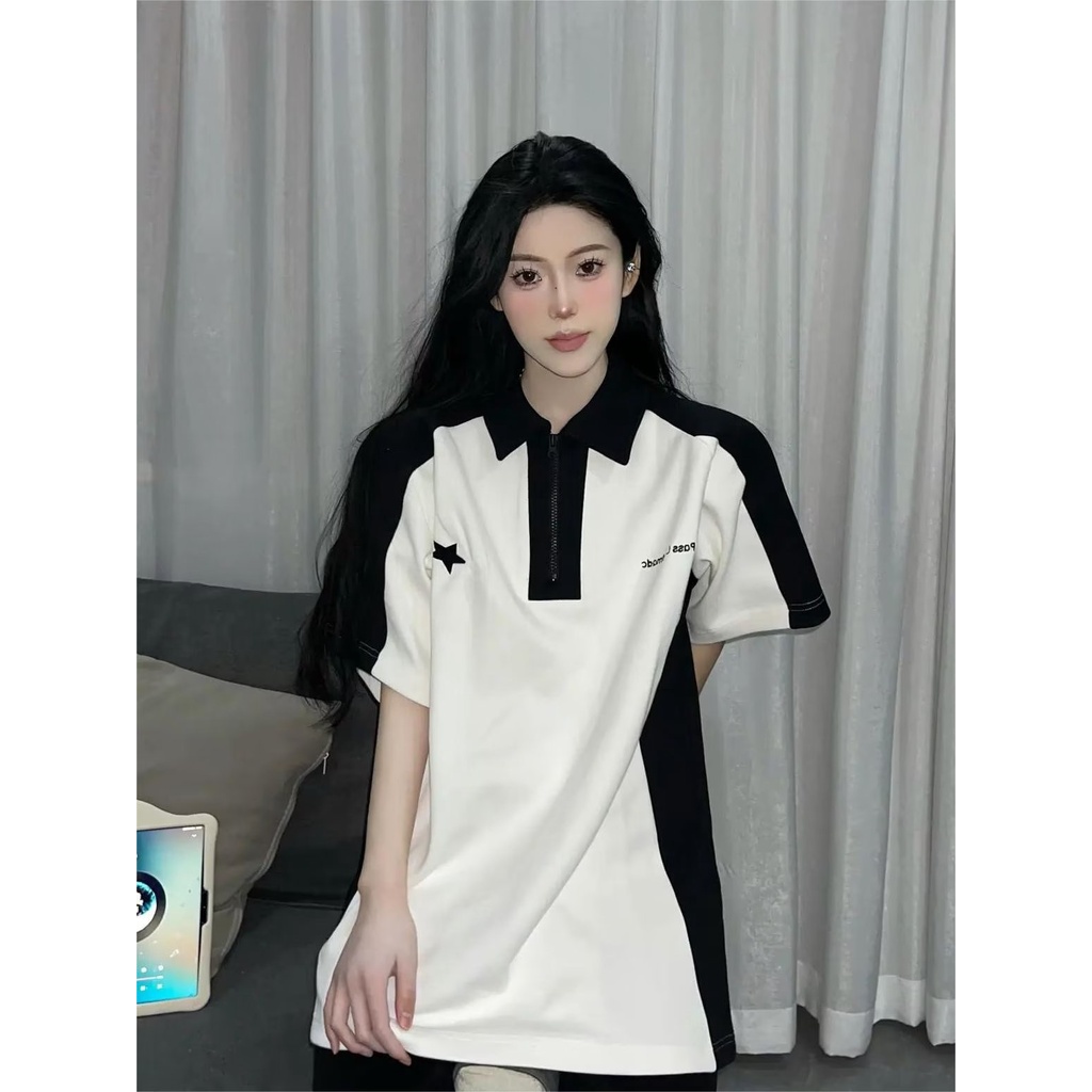 Áo Thun polo Ngắn Tay Phối Màu Tương Phản Thời Trang Cho Nữ Coup