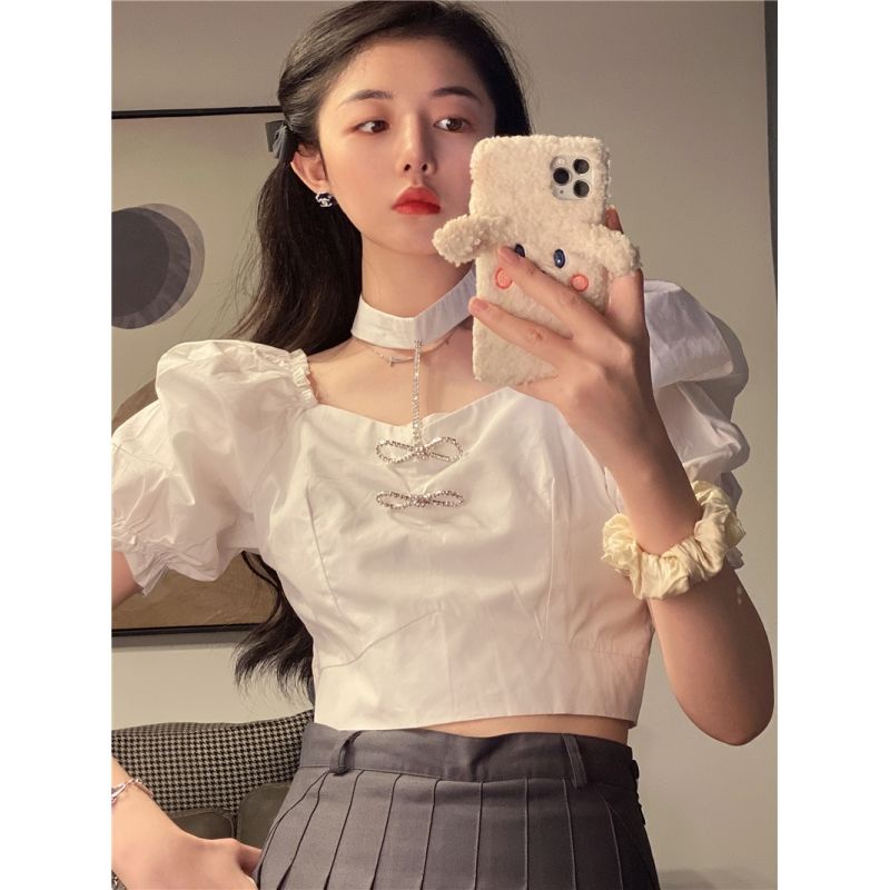 Áo Sơ Mi Tay Phồng Ngắn Màu Trắng Phong Cách Hàn Quốc Thời Trang Mới Cho Nữ