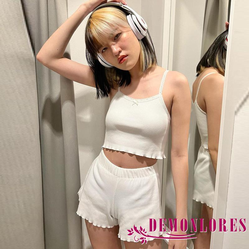 Bộ Trang Phục 2 Mảnh Áo Hai Dây Phối Ren Y2K + Quần Short Phong Cách Đường Phố Thời Trang Mùa Hè Cho Nữ