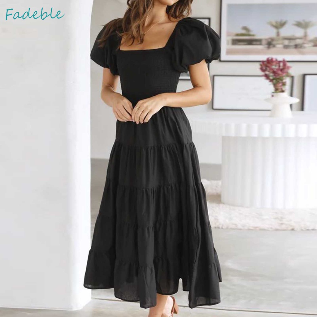 Đầm Maxi Dáng Chữ A Hở Lưng Tay Phồng Màu Trơn Cho Nữ