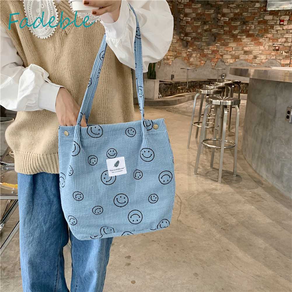 Túi Xách Tote Vải Nhung Kẻ Retro Hình Mặt Cười Dễ Thương Cho Nữ Sinh