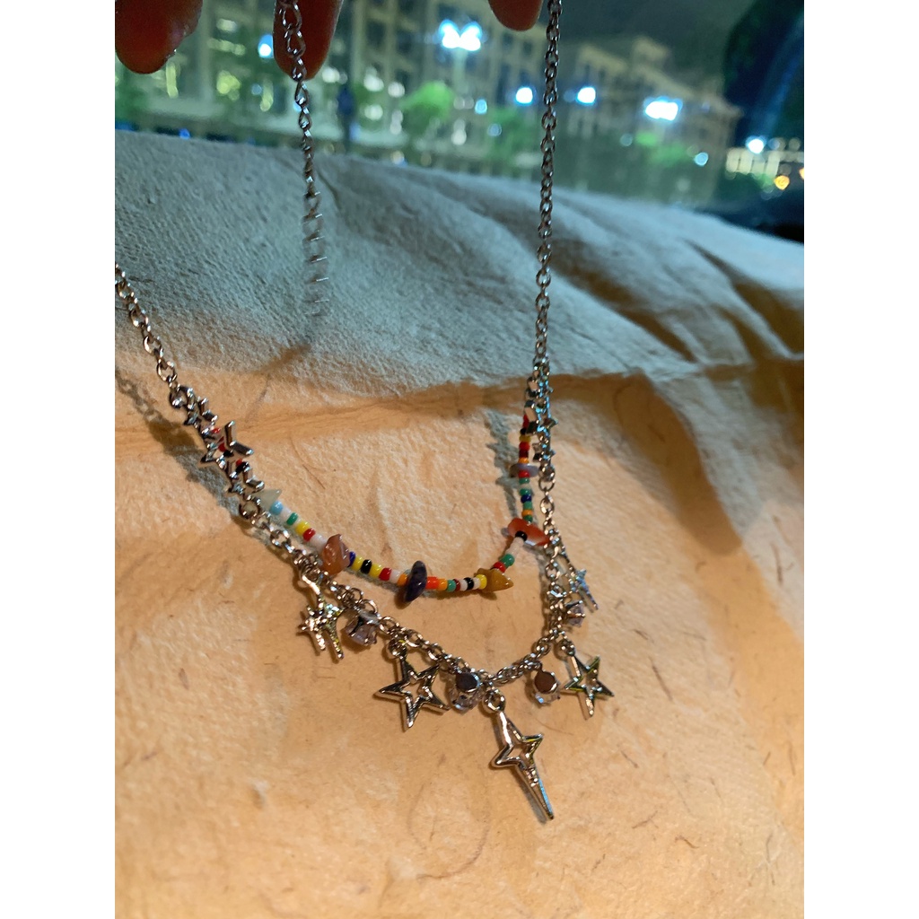 Vòng cổ Hai Lớp Xâu Hạt Đá Nhiều Màu Phong Cách Hàn Quốc Thời Trang