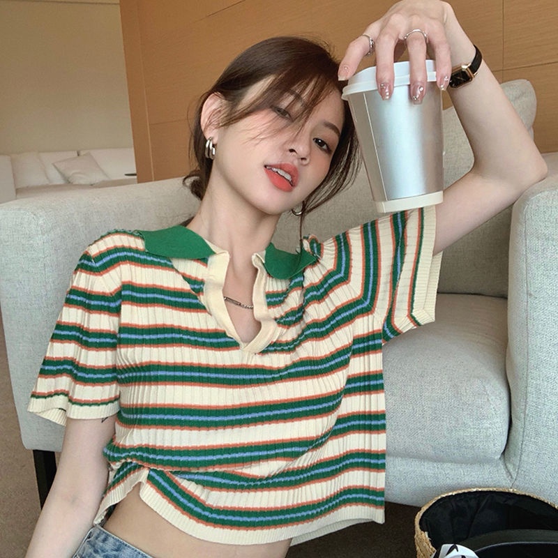 Áo polo Ngắn Tay Họa Tiết Kẻ Sọc Phong Cách Vintage