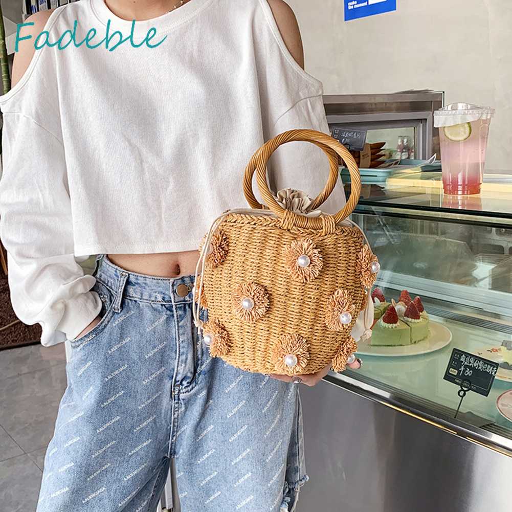 Túi Xách Đan Lát Đính Hoa Ngọc Trai Xinh Xắn Cho Nữ