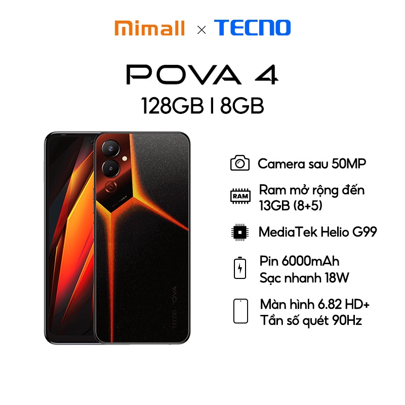 Điện thoại Gaming Tecno POVA 4 8GB/128GB - Hàng Chính Hãng - MediaTek G99 | 6000mAh - 6.82 inch- Bảo hành 13 Tháng