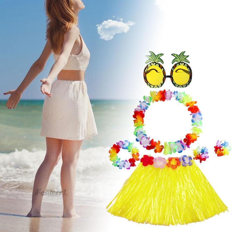 [Fenteer1] Chân Váy Cỏ Hawaii Với Vòng Hoa Trang Trí Cho Tiệc Tùng