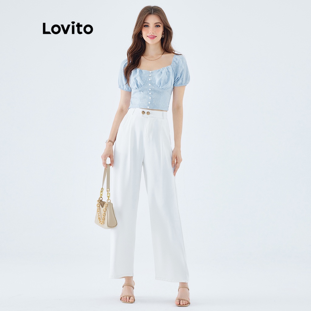 Áo kiểu Lovito tay phồng xếp nếp nút trước màu trơn thường ngày cho nữ L49ED045 (màu xanh dương)