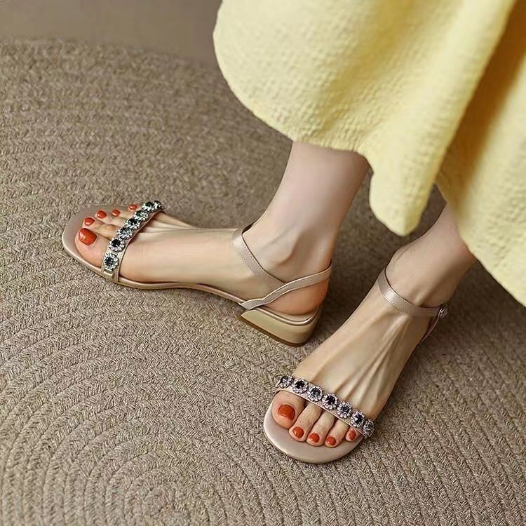 Giày Cao Gót Sandal Đế Dày Quai Ngang Đính Đá Thời Trang Mùa Hè Mới 2023