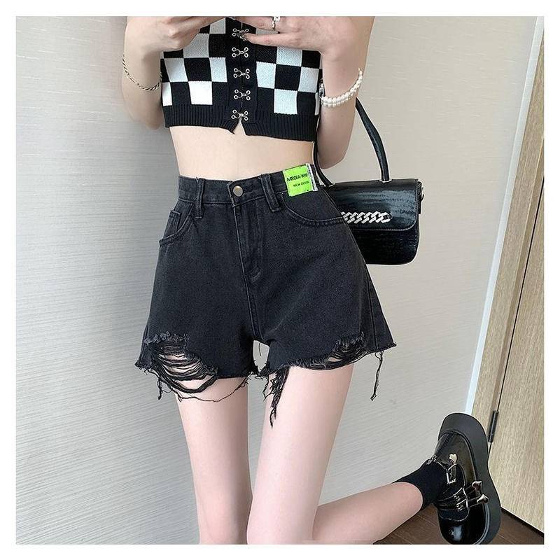 Quần Short Denim Chữ a Lưng Cao Phối Rách Cá Tính Trẻ Trung