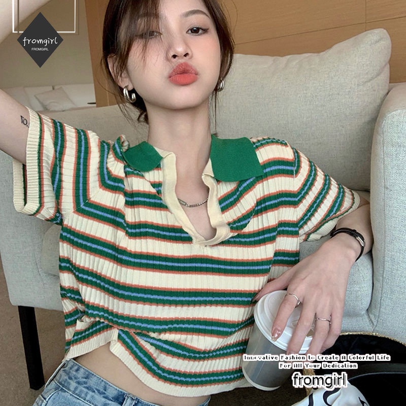 Áo polo Ngắn Tay Họa Tiết Kẻ Sọc Phong Cách Vintage