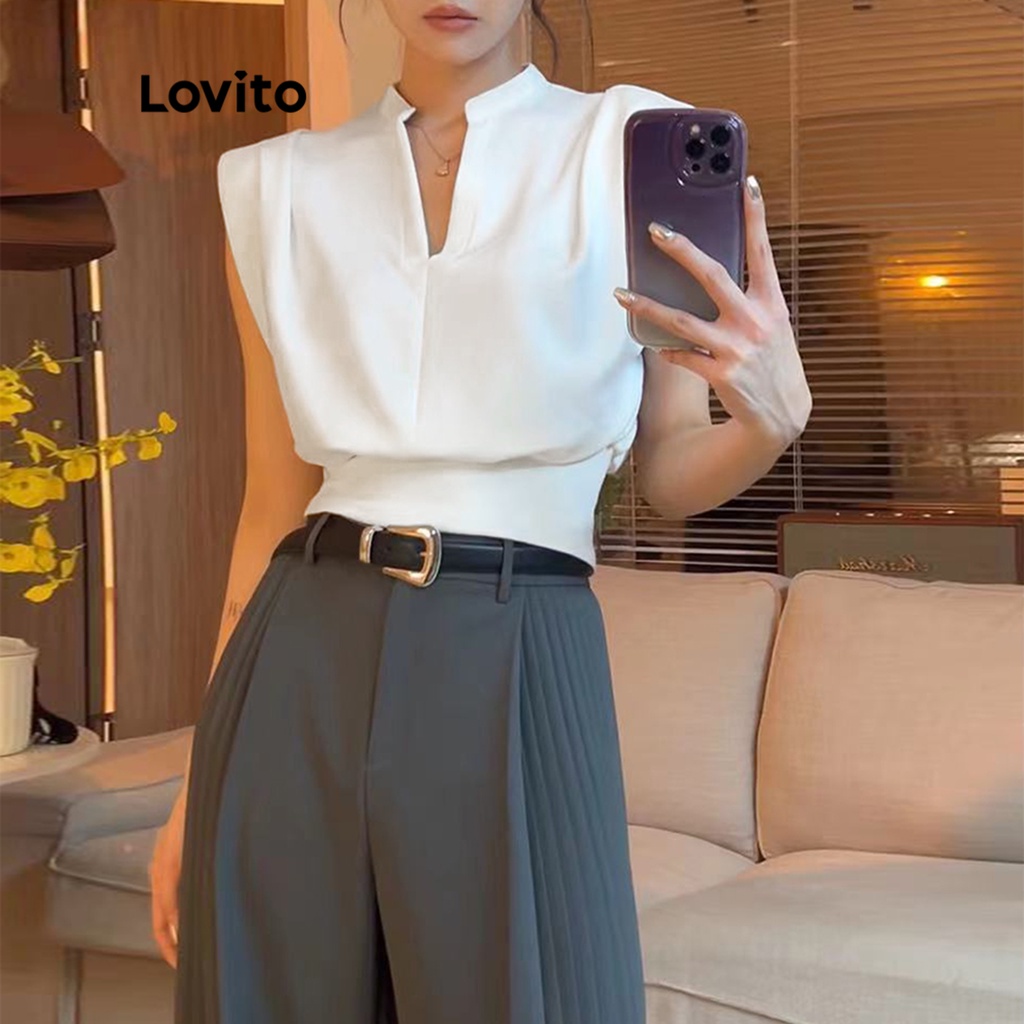 Áo croptop Lovito cổ chữ V không tay màu trơn xếp ly phong cách thường ngày dành cho nữ L53AD013 (trắng)