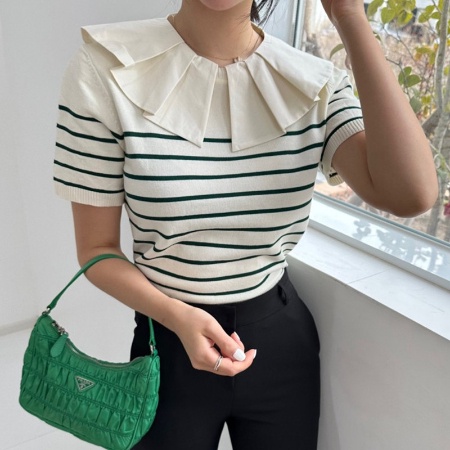Áo Cổ Búp Bê Họa Tiết Kẻ Sọc Màu Tương Phản Phong Cách Retro