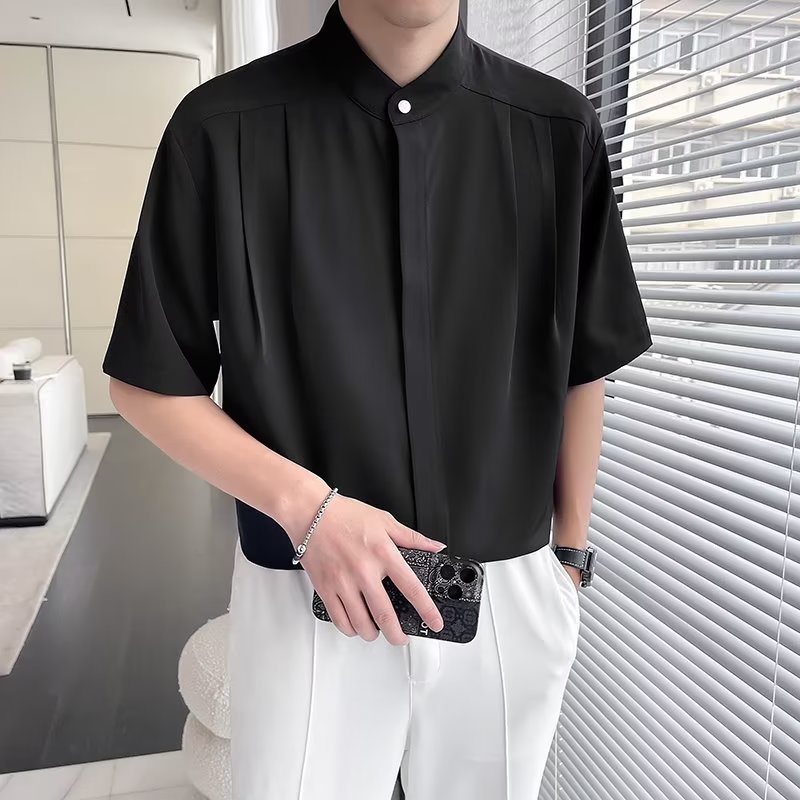 Áo Sơ Mi Ngắn Tay Cổ Đứng Phối Nút Phong Cách Trung Hoa Cho Nam
